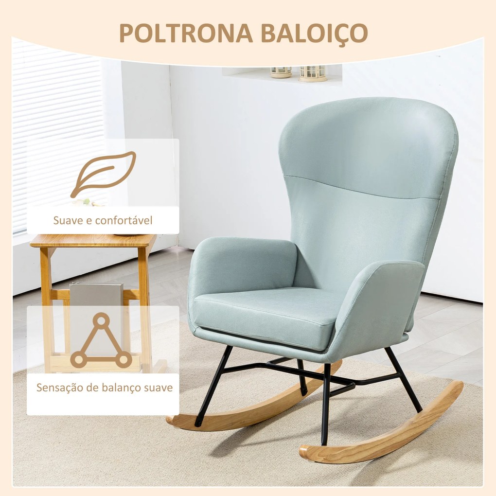 Poltrona Baloiço Estofada em Veludo com Assento Acolchoado Apoio para os Braços e Pés de Madeira de Faia 65x87x102 cm Verde Claro