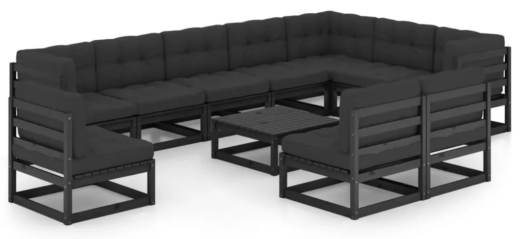 11 pcs conjunto longue jardim c/ almofadões pinho maciço preto