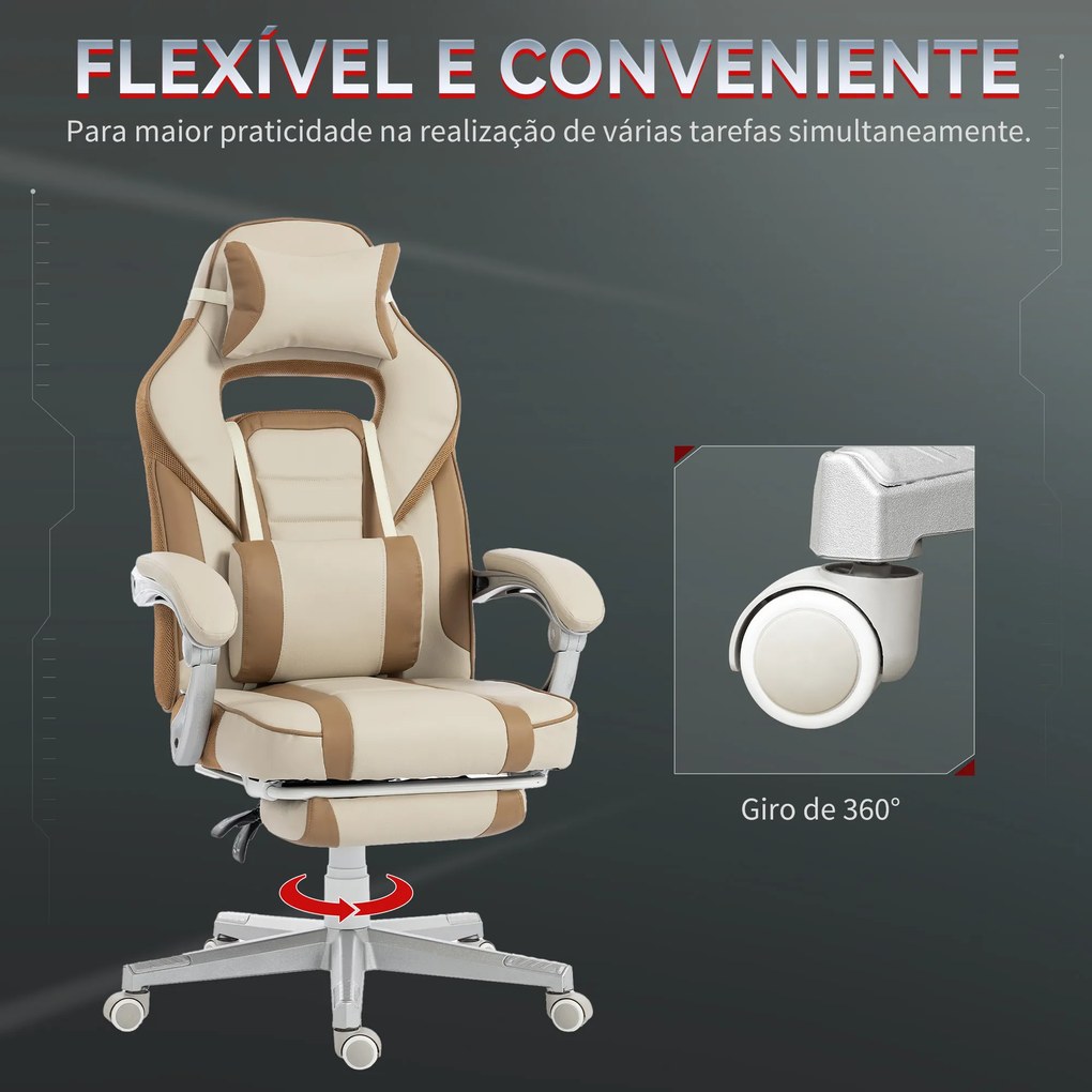 Cadeira Gamer Reclinável com Altura Ajustável Apoio para Pés Retrátil Suporte Lombar e Almofada de Cabeça Removível Creme