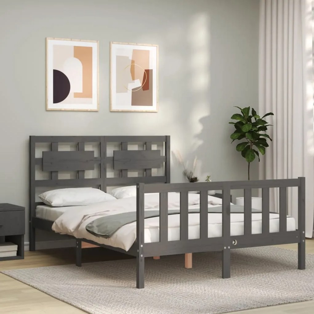 Estrutura de cama com cabeceira 140x200 cm madeira maciça cinza