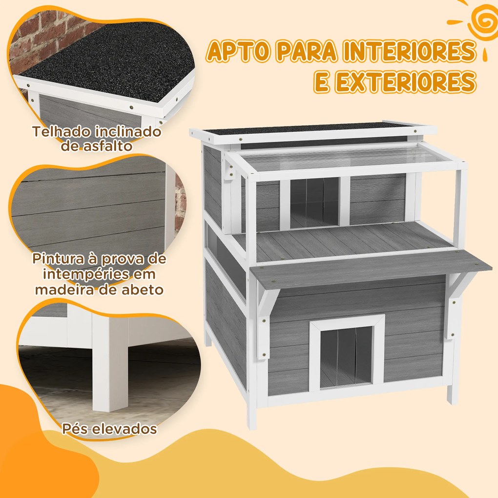 Casa para Gatos de Madeira 64x87x76 cm de 2 Níveis com Teto Asfáltico Janela e Porta com Cortina 64x87x76 cm Cinza Claro