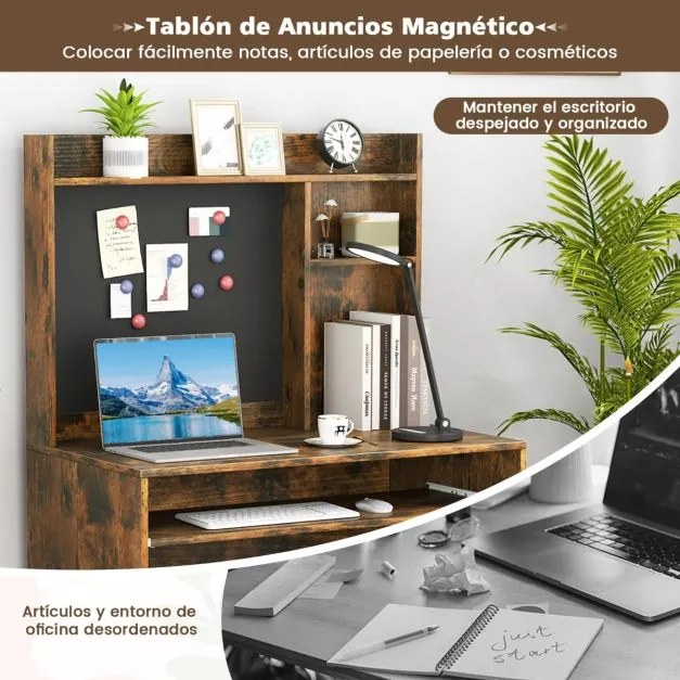 Secretária para computador 89 x 50 x 138 cm com quadro de avisos magnético com prateleira e bandeja para teclado para estúdio Castanho