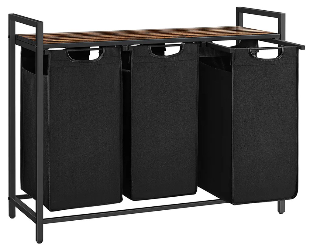 Cesto roupa, 3 sacos removíveis (38 L cada) + prateleira, castanho rústico/preto