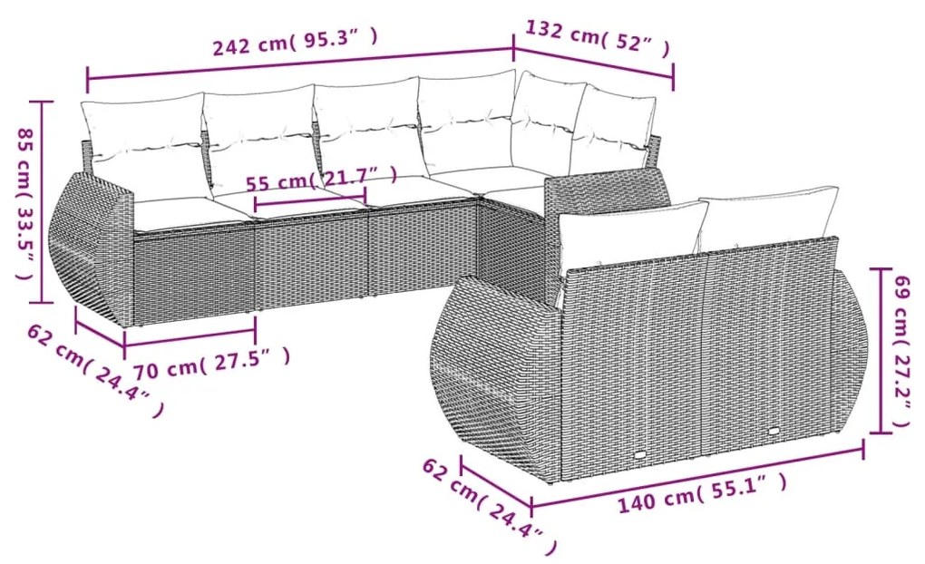 7 pcs conjunto de sofás jardim c/ almofadões vime PE castanho