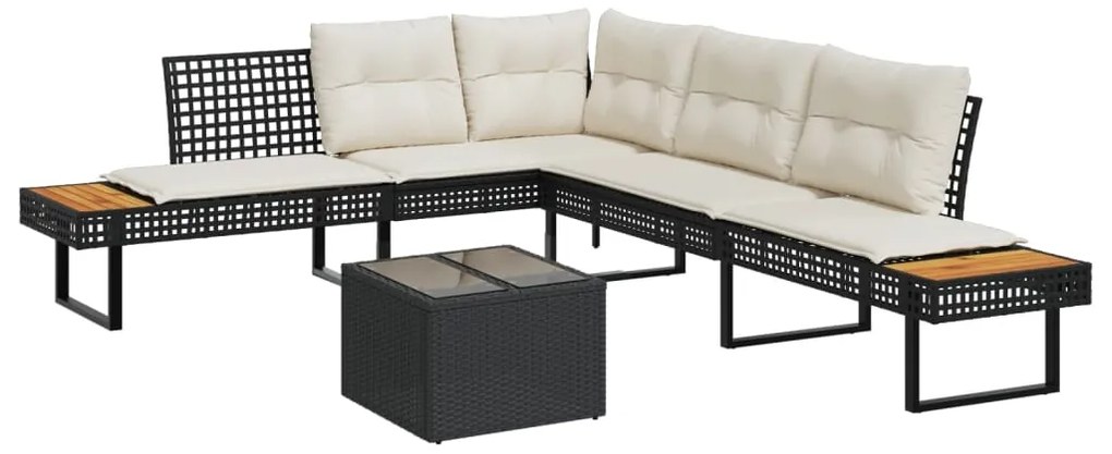 2 pcs conj. sofás p/ jardim c/ almofadões vime PE e vidro preto