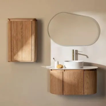 Conjunto De Móvel De Casa De Banho Suspenso 90x50 Cm Em Madeira Carsone Madeira Natural & Madeira Natural & Cerâmica Redonda Branca Ø40 - Sklum