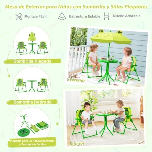 Conjunto de piquenique para Crianças 3-6 anos Mesa de atividades ao ar livre com 2 cadeiras dobráveis e guarda-sol ajustável em altura Verde claro
