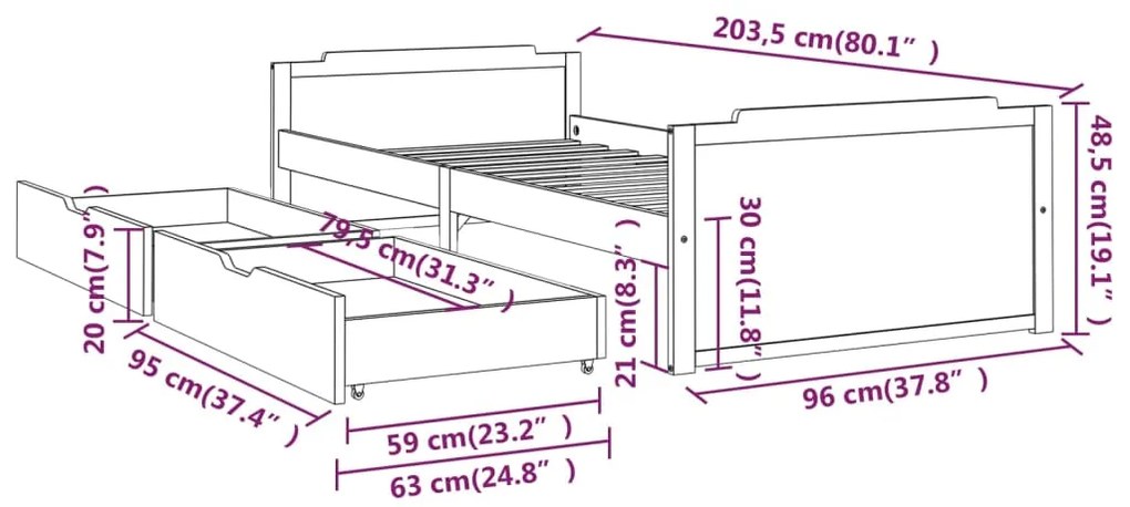 Estrutura de cama com gavetas 90x200 cm pinho maciço branco