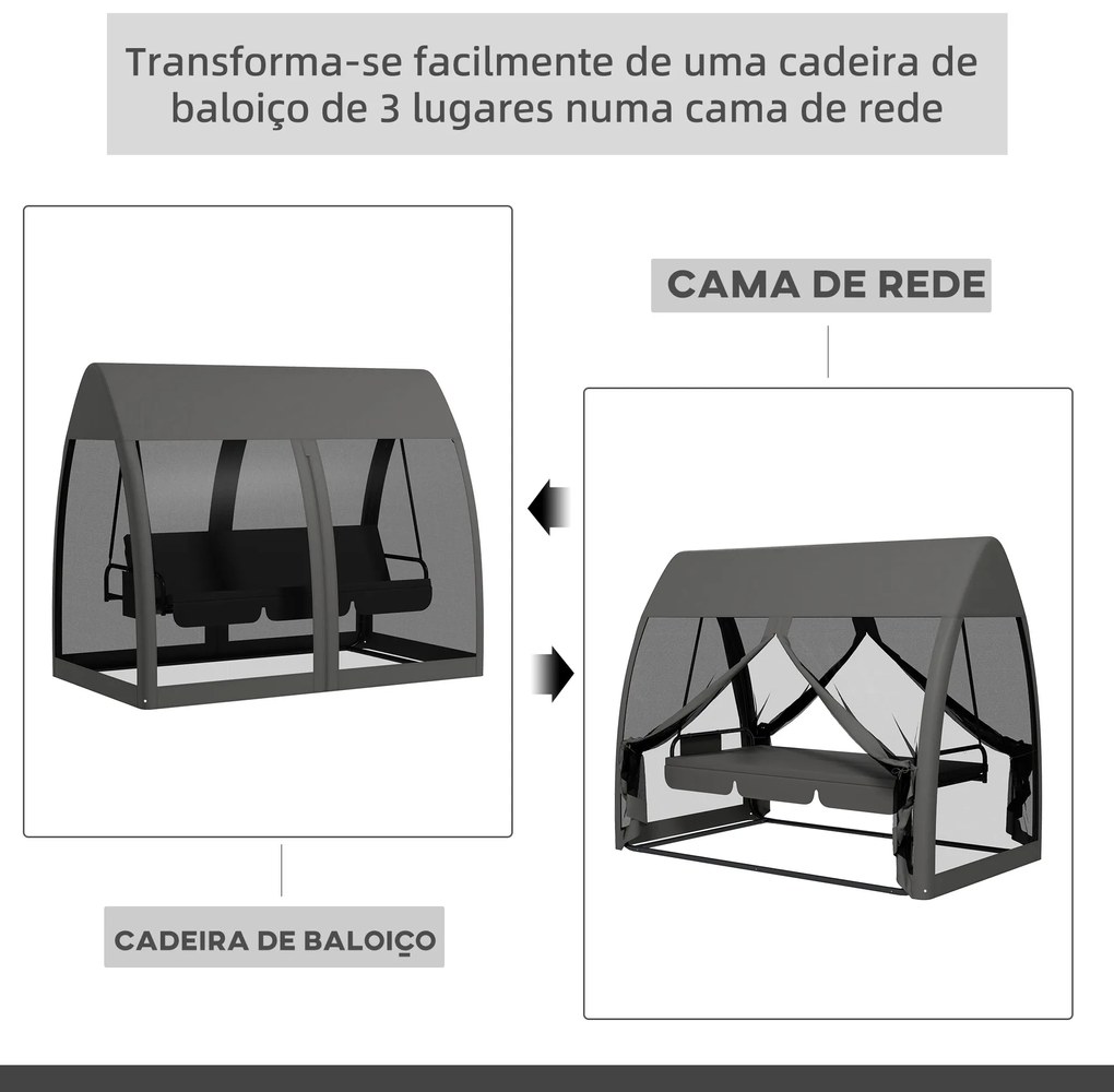 Outsunny Baloiço de Jardim de 3 Lugares Convertível em Cama com Rede M