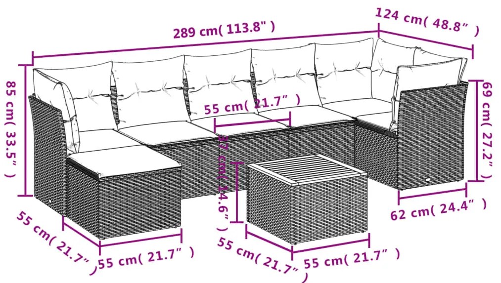 8 pcs conjunto sofás de jardim com almofadões vime PE preto