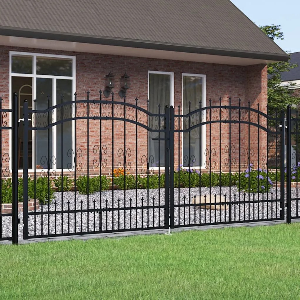 vidaXL Portão de cerca com topo em forma de lança, preto, 305x125 cm, aço com revestimento em pó