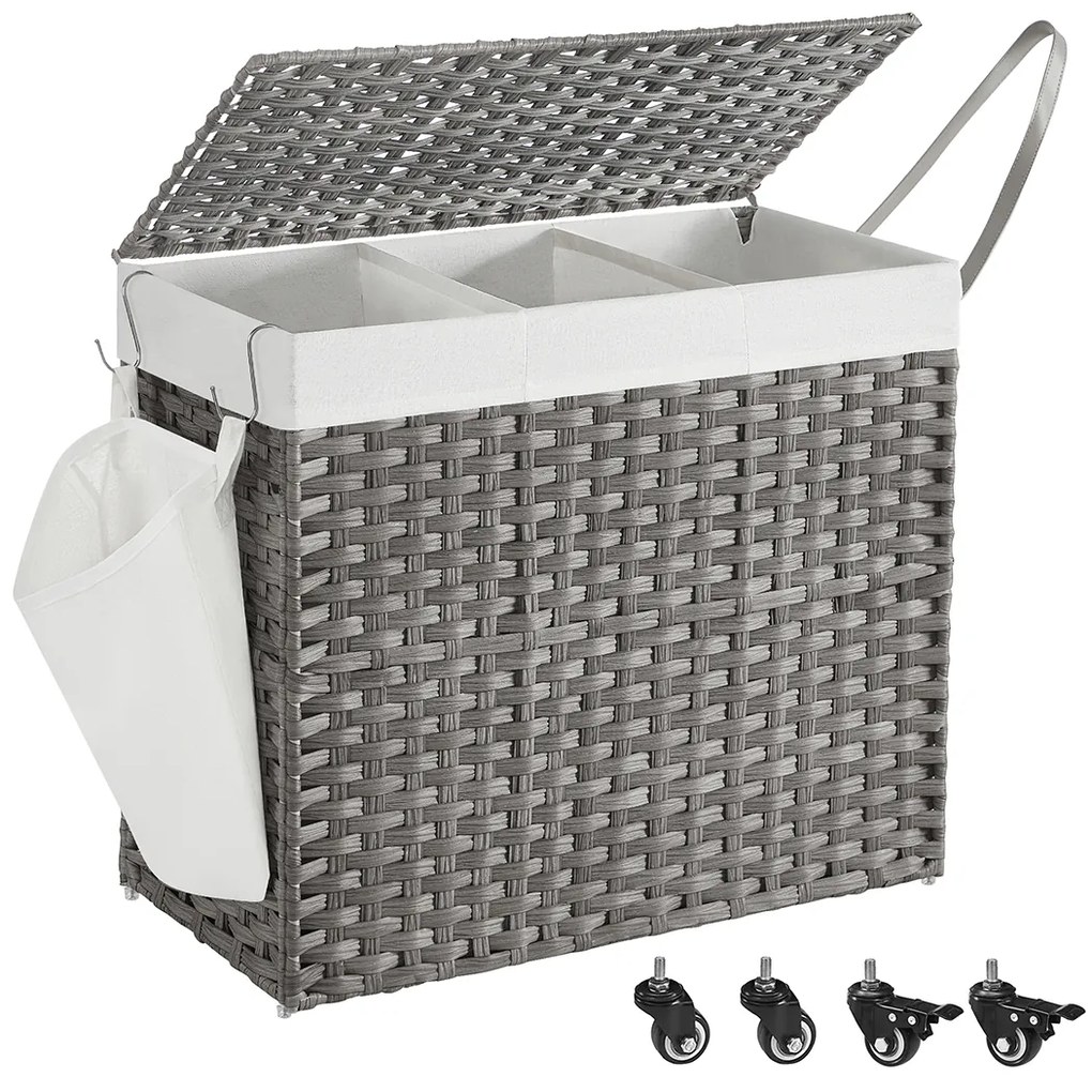Cesto para roupa suja dobrável com 3 compartimentos e bolso lateral 70 x 36 x 66 cm Cinzento