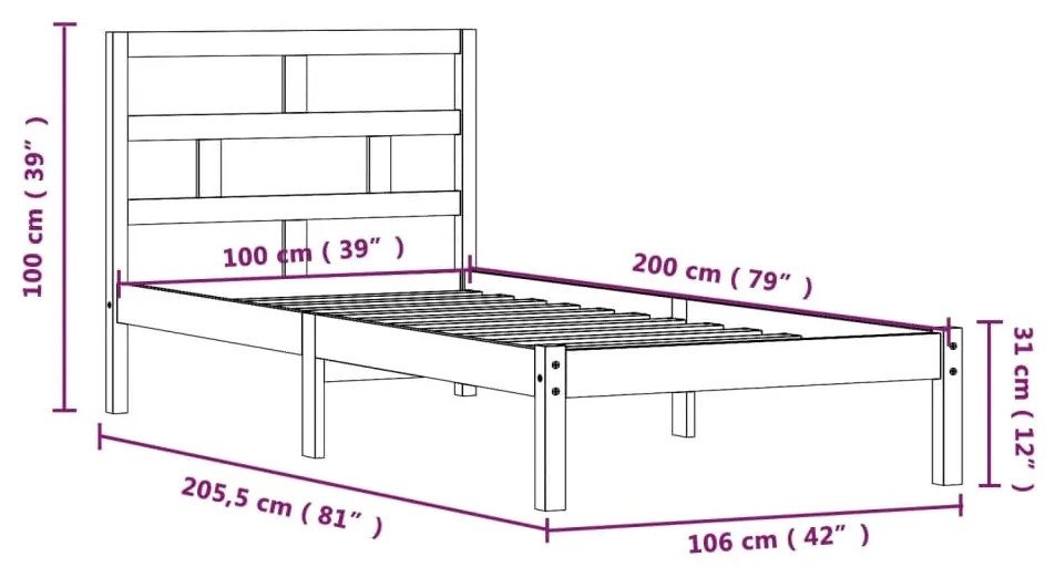 Estrutura de cama 100x200 cm madeira pinho maciço castanho mel