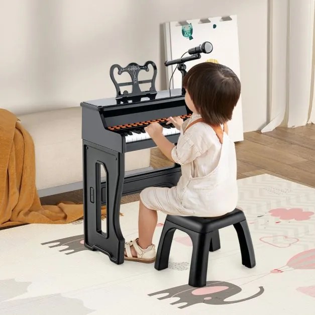 Piano para crianças de 3 anos eletrónico com 37 teclas, microfone ajustável e suporte de música amovível Preto