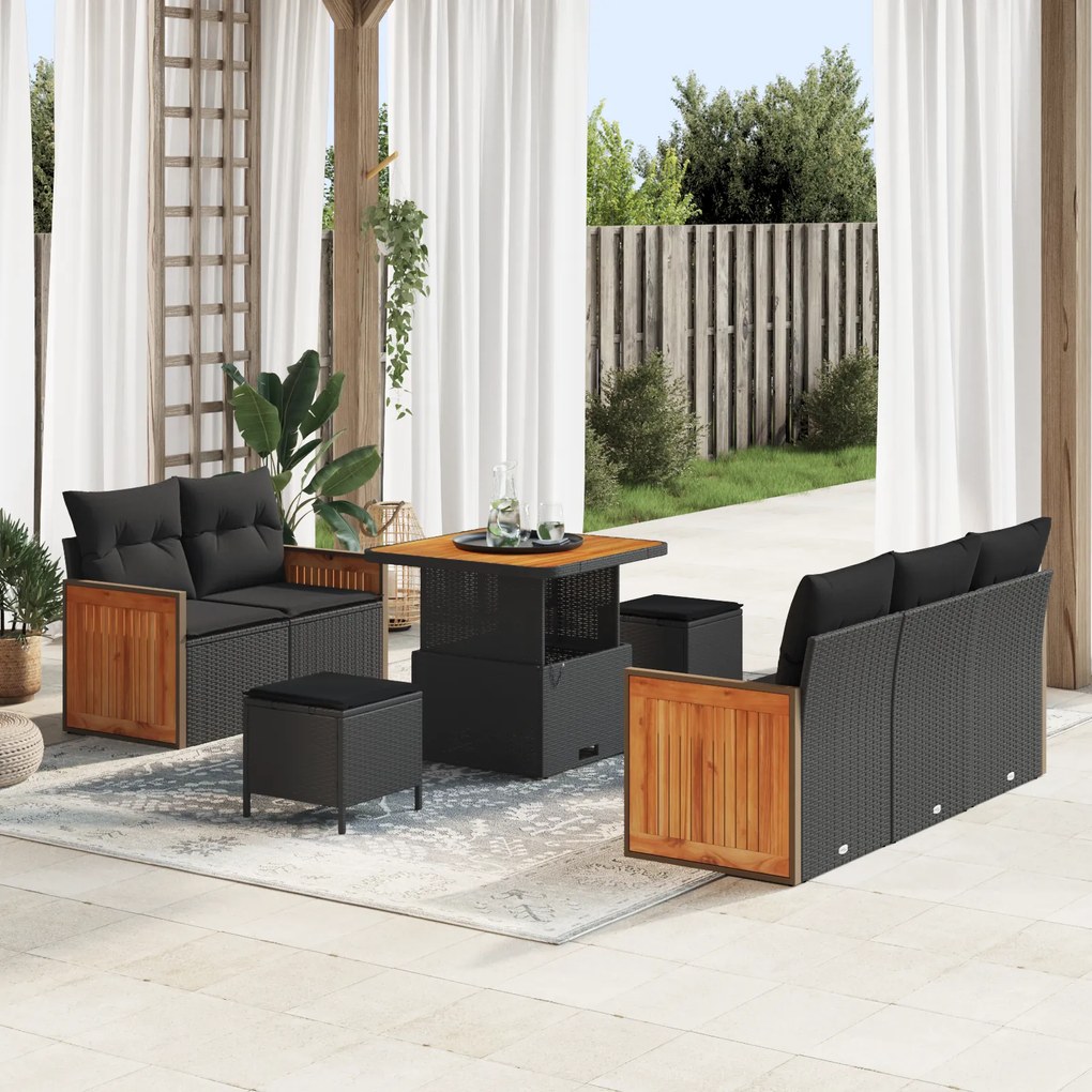Conjunto de Sofá de Jardim vidaXL 8 Peças com Almofadas Preto Rattan Polímero Acácia