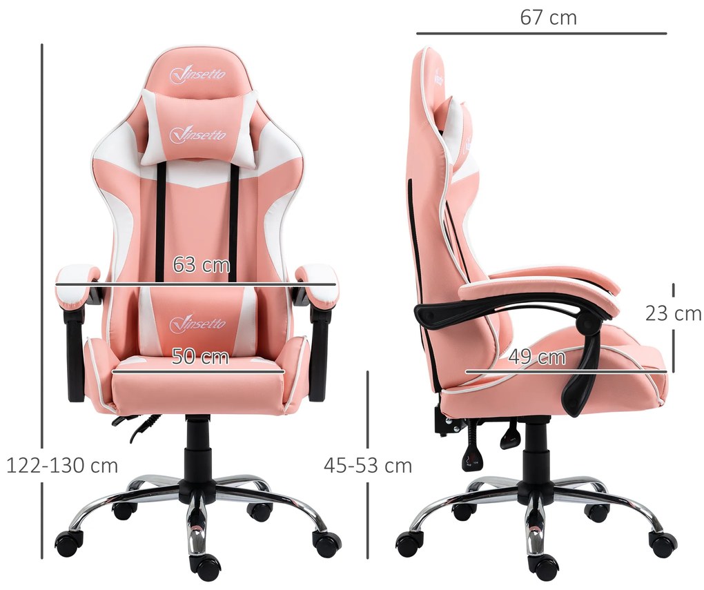 Vinsetto Cadeira Gaming Ergonômica Cadeira para Videojogos Reclinável com Altura Ajustável Apoio para a Cabeça e Almofada Lombar 63x67x122-130cm Rosa e Branco