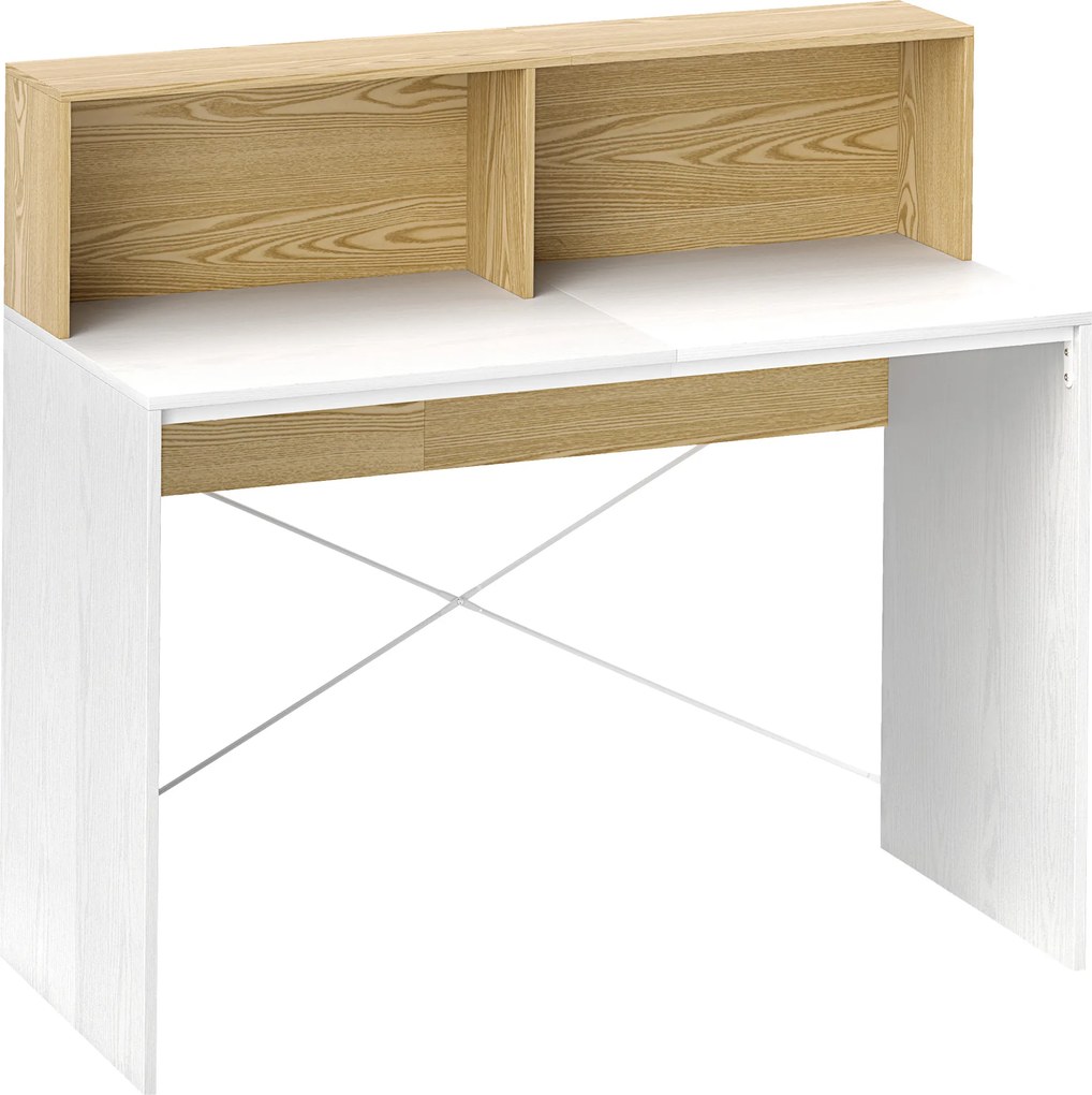 Secretária 110x50x102,6 cm Mesa de Escritório com 2 Compartimentos Abertos e Prateleira Branco e Madeira