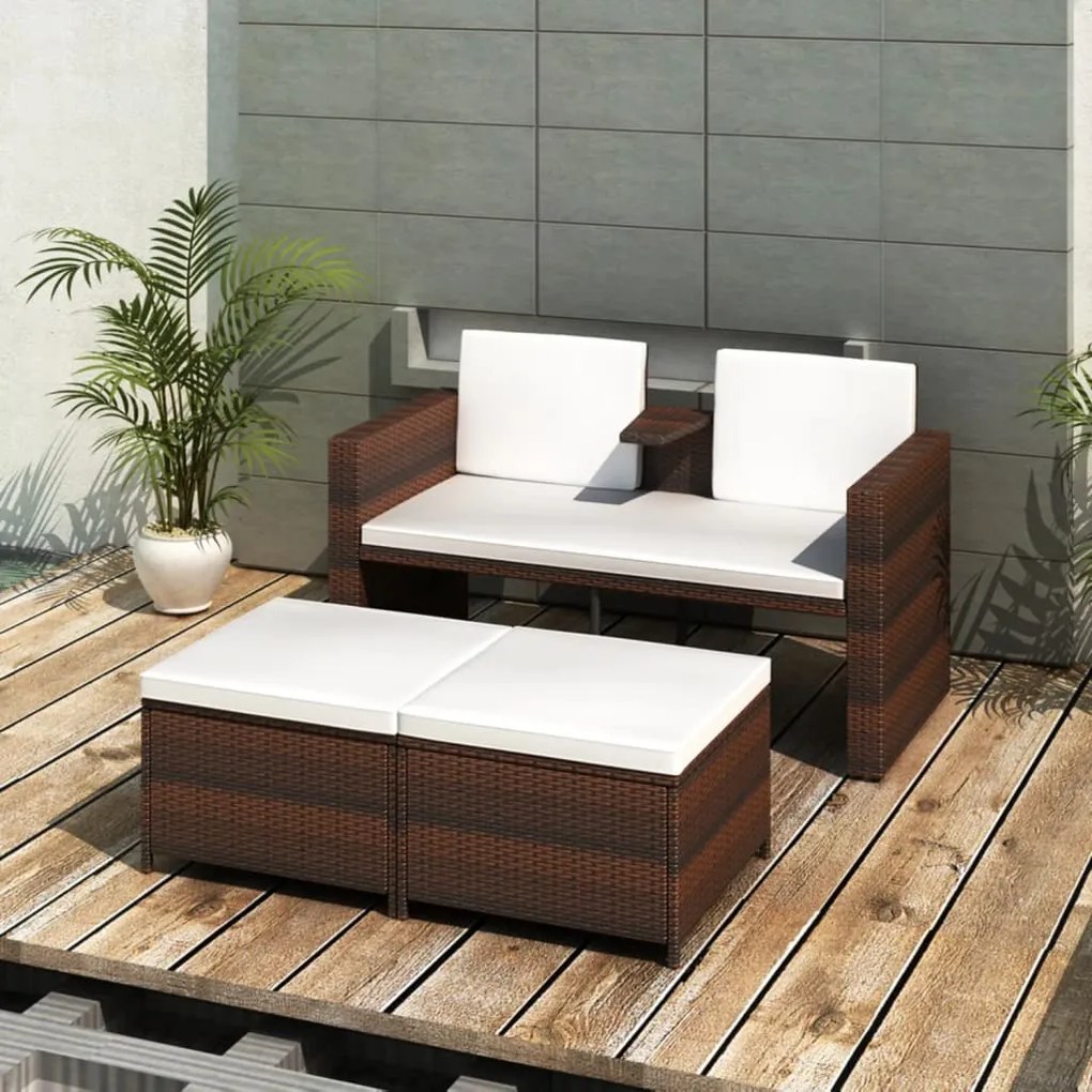 vidaXL 4 pcs conjunto lounge jardim c/ almofadões vime PE castanho