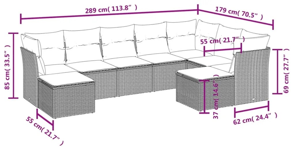9 pcs conjunto de sofás p/ jardim com almofadões vime PE bege
