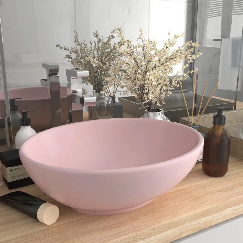 vidaXL Lavatório luxuoso formato oval 40x33 cm cerâmica rosa mate