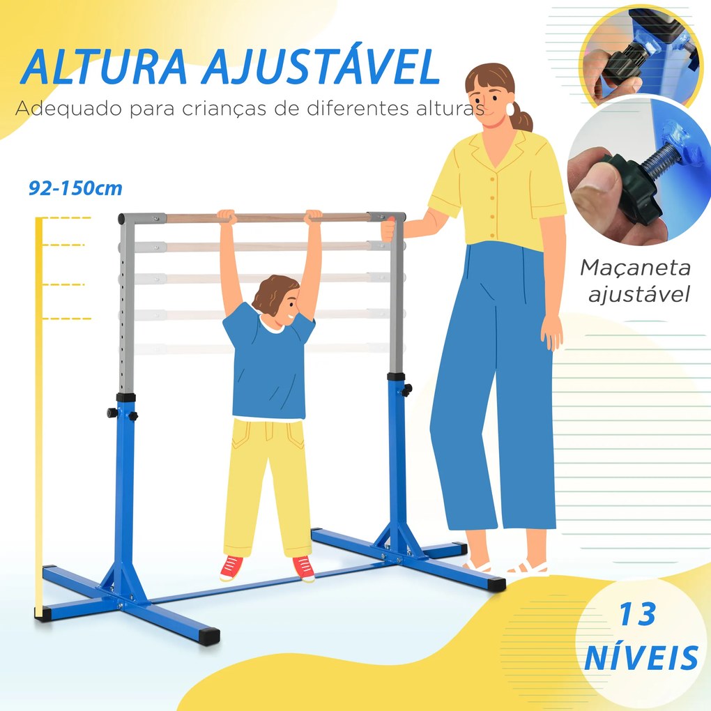 Barra de Ginástica para Crianças com Altura Ajustável 92-150 cm Barra Horizontal de Ginástica 197x121x150 cm Azul