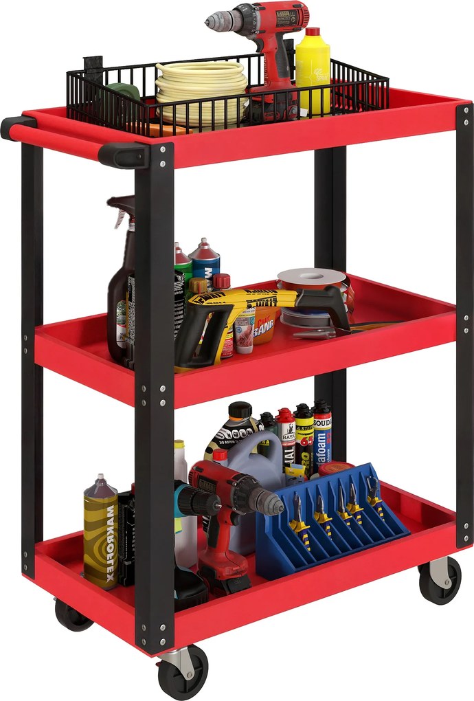 Carrinho de Ferramentas com 3 Prateleiras Rodas e Alças para Garagem Mecânica Casa Carga 120 kg Vermelho e Preto