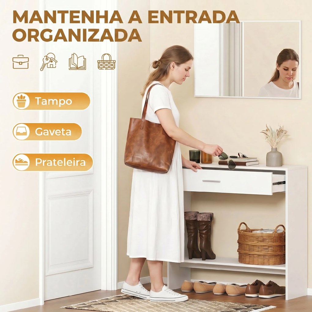 Consola de Entrada com Espelho, Gaveta e Prateleira para Hall, 91,5x27,9x85,5 cm, Branco