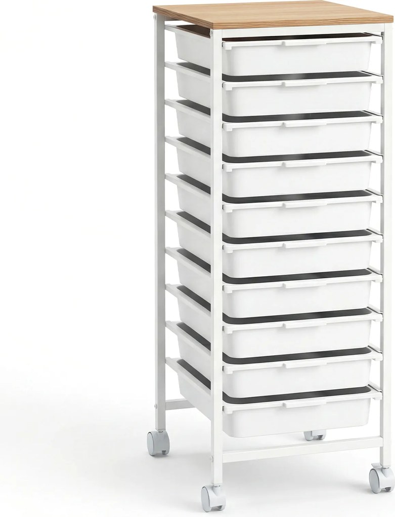 Carrinho de Arrumação com 10 Gavetas, 37 x 32,5 x 85 cm, Tampo de Madeira, Branco