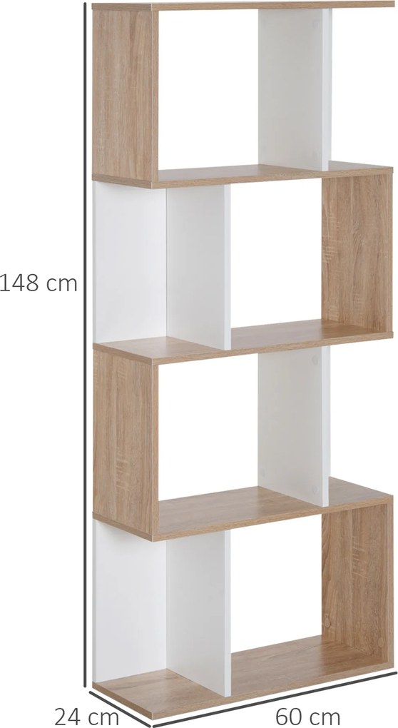 Estante de 4 níveis, móvel de arrumação em forma de S com prateleiras, estante para sala de estar, quarto ou escritório, 60 x 24 x 148 cm, madeira nat