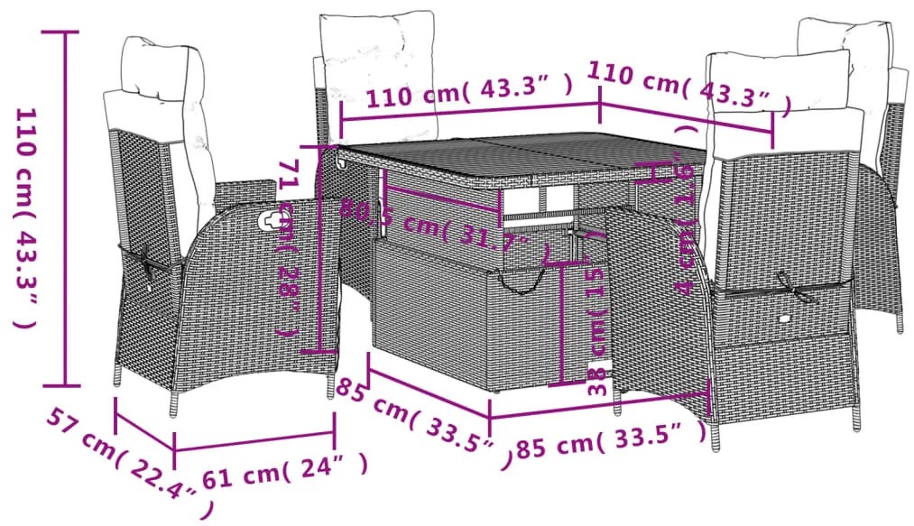 5 pcs conjunto de jantar p/ jardim com almofadões vime PE bege