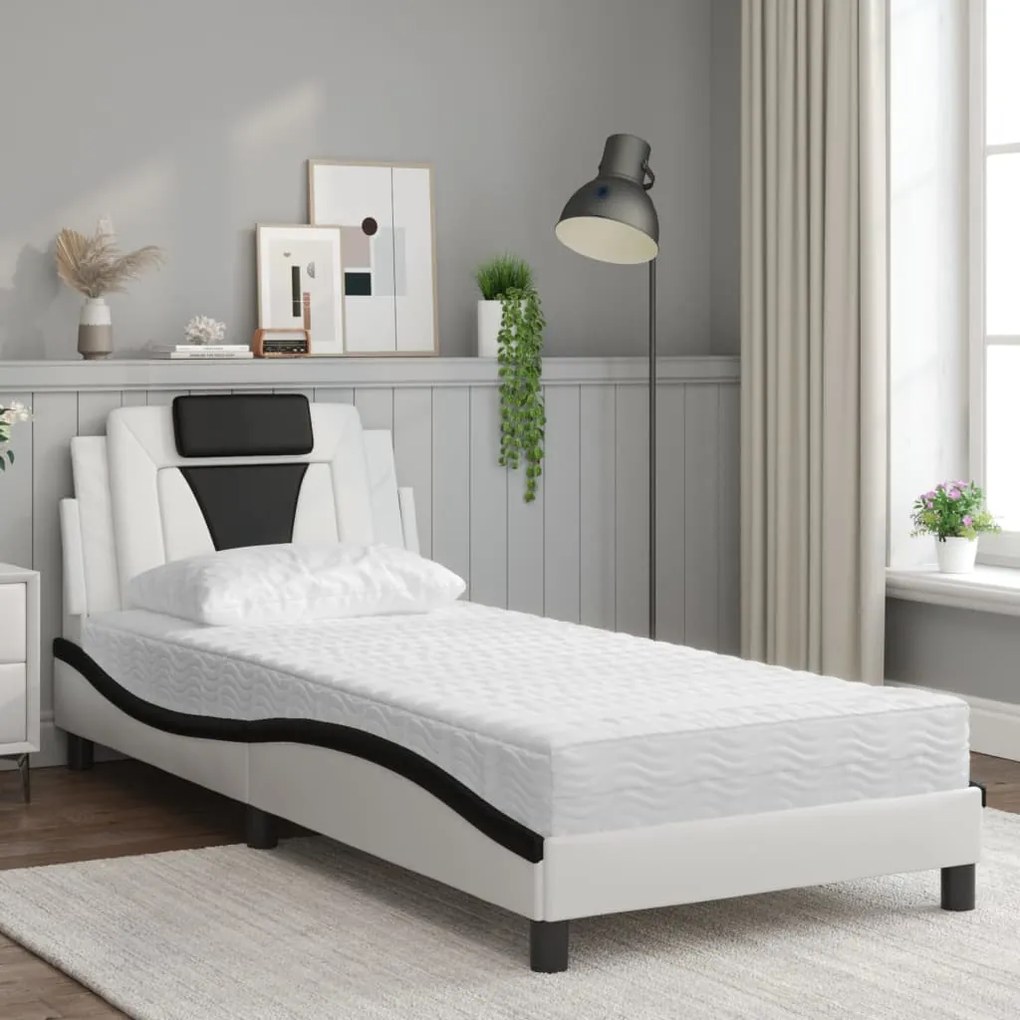 Cama com colchão 80x200 cm couro artificial branco e preto