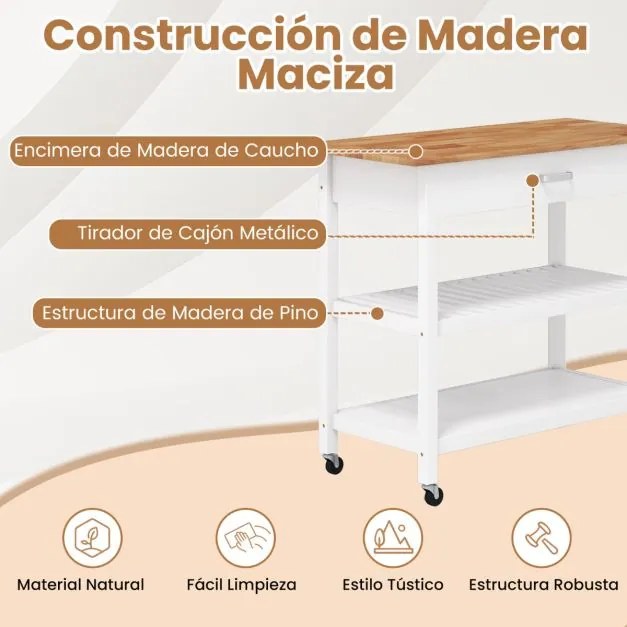 Carrinho de cozinha 106 cm x 50 cm x 89 cm com rodas com 2 gavetas, 2 prateleiras abertas e pega lateral branca