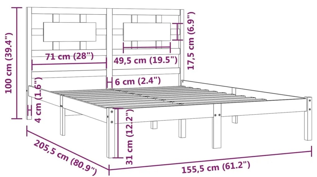 Estrutura de cama king 150x200 cm pinho maciço preto