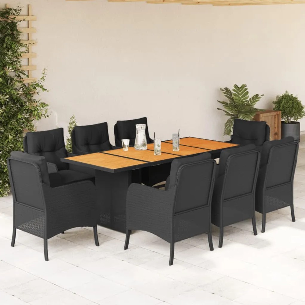 vidaXL 9 pcs conjunto de jantar p/ jardim c/ almofadões vime PE preto