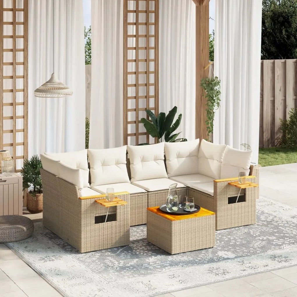 7 pcs conjunto de sofás p/ jardim com almofadões vime PE bege