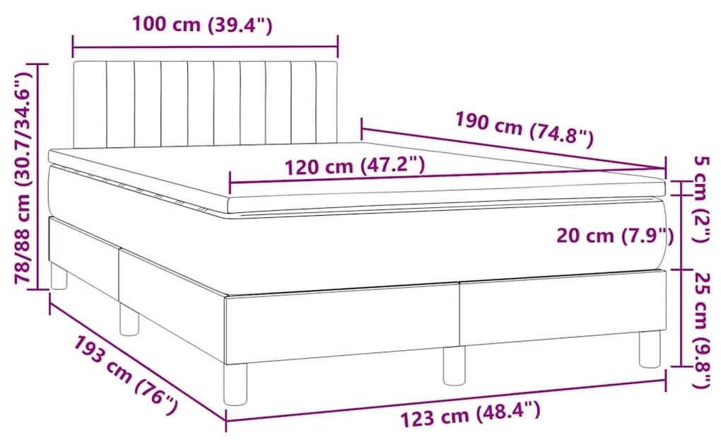 Cama box spring colchão/LED 120x190cm tecido cinza-acastanhado