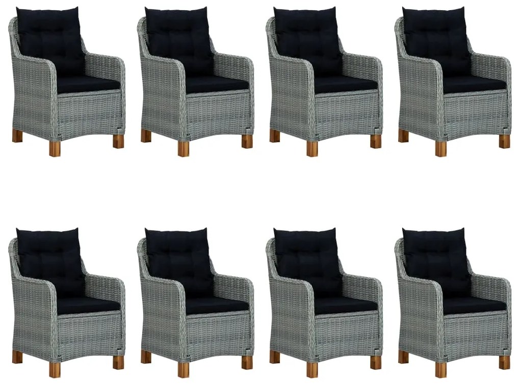 9 pcs conj. jantar exterior + almofadões vime PE cinzento-claro