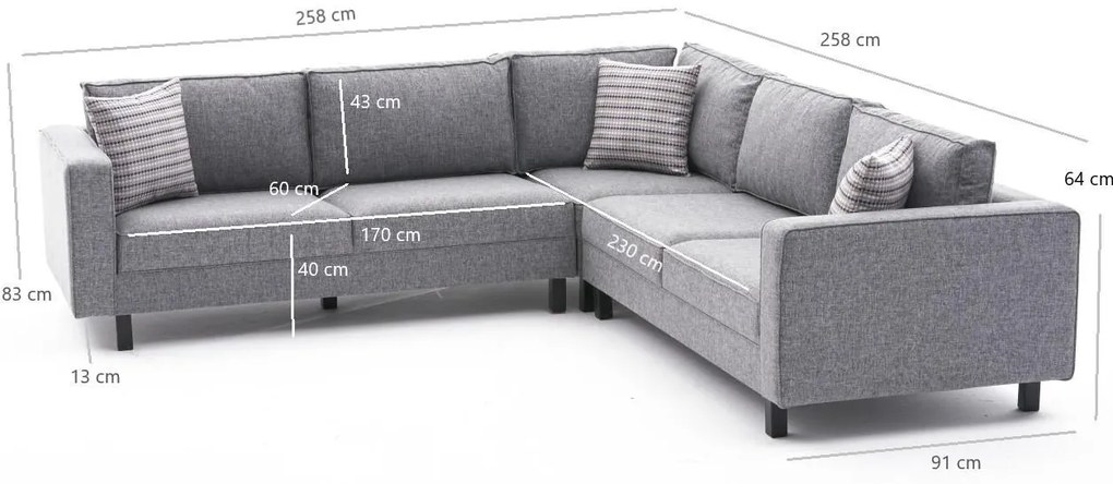 Sofá de Canto Kale – Cinzento – 258 cm x 83 cm x 258 cm