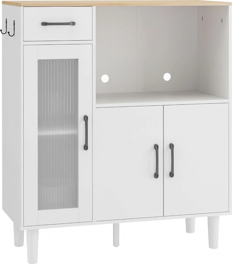 HOMCOM Aparador de Cozinha Moderno com Porta de Acrílico, Gaveta Prateleira Ajustável Compartimento Aberto, 80x34x91 cm Branco | Aosom Portugal