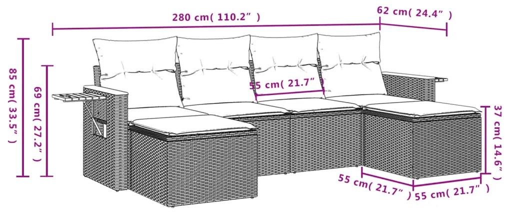 6 pcs conjunto de sofás p/ jardim com almofadões vime PE bege