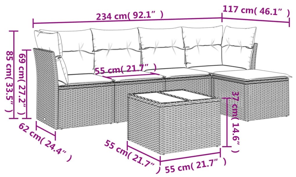 6 pcs conjunto de sofás p/ jardim com almofadões vime PE bege