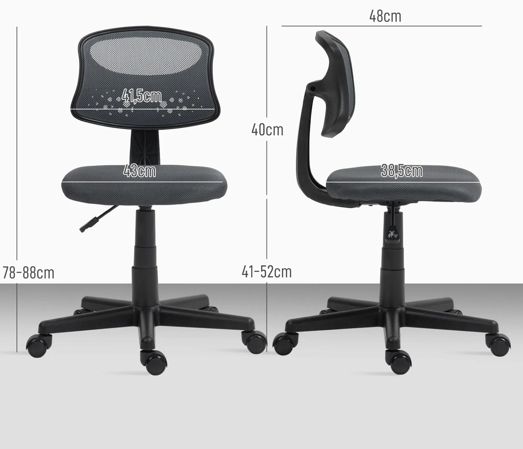 Cadeira de Escritório sem Apoio para os Braços com Encosto de Malha Respirável Altura Ajustável 43x48x78-88 cm Cinza