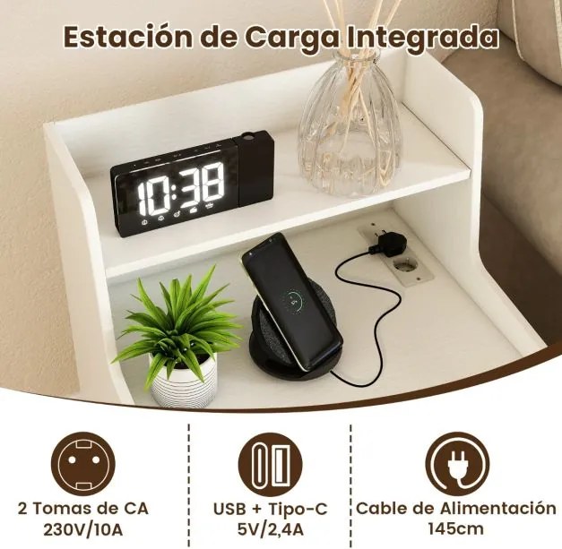 Mesa de cabeceira LED com estação de carregamento com 2 gavetas e prateleira aberta 45 x 35 x 72,5 cm Branca