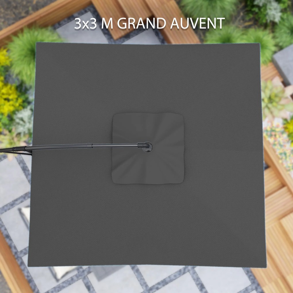 Guarda-sol de 3 x 3 m com manivela, base em cruz, inclinação e rotação de 360°, lona de 180 g/m² cinzento escuro