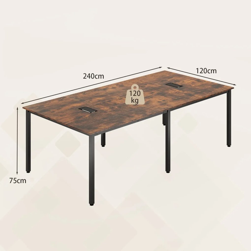 Mesa de reunião 240 x 120 cm retangular para 10 pessoas Secretária com 2 passas-cabos Escritório Sala de reuniões Castanho e preto