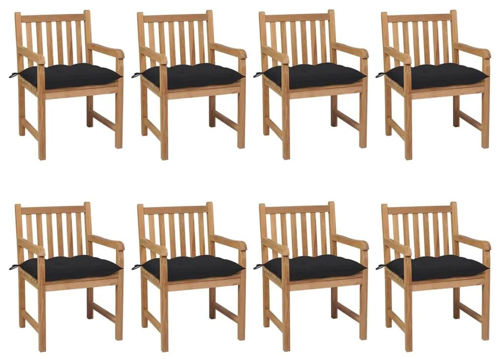 Cadeiras de jardim c/ almofadões preto 8 pcs teca maciça