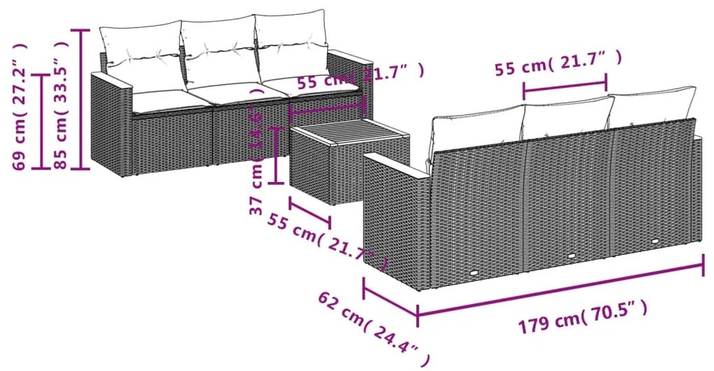 7 pcs conjunto de sofás p/ jardim c/ almofadões vime PE preto