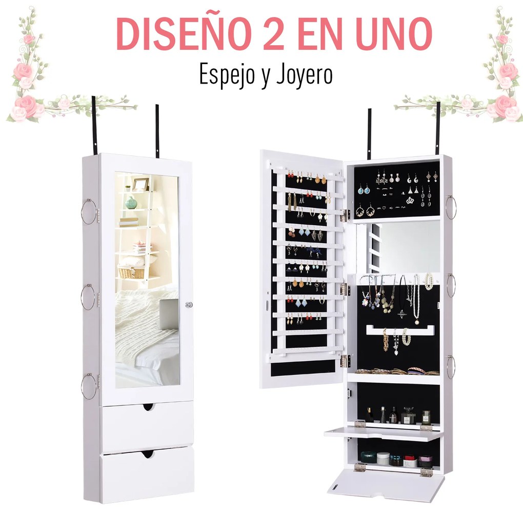 HOMCOM Espelho com Móvel de Bijuterias de Parede ou Porta Armário Porta Jóias com Altura Ajustável 2 Prateleiras Fechadas com Portas e Organizador de Jóias 35,5x9,5x102cm Branco
