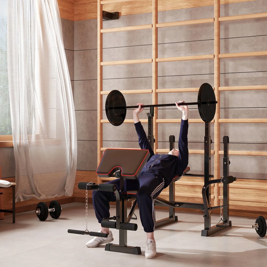Banco de Musculação Dobrável Banco Multifunções com Suportes para Barras e Encosto Ajustável para Treino Completo de Corpo Preto