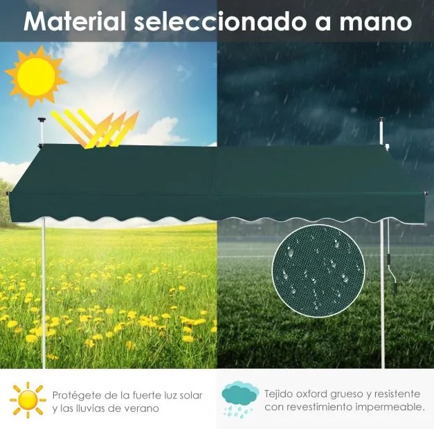 Toldo Telescópico e Retrátil 300 x 120 cm Resistente aos Raios UV Impermeável com Manivela Manual e Altura Ajustável para Janela Varanda Verde